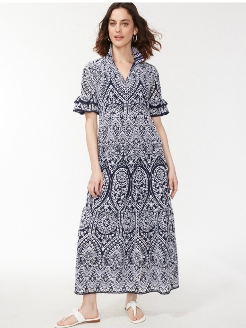 100% Cotton Chico's Navy and White Embroidered Paisley Maxi Dress